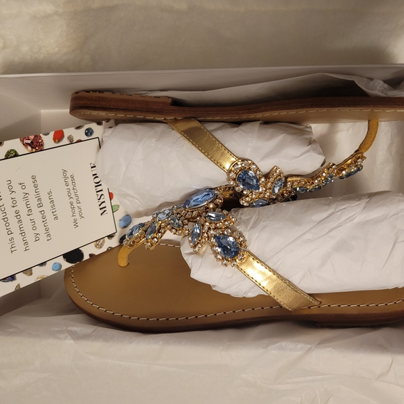 Mystique Blue and Tan Sandals with Jeweled Embellishments and Floral Design - Picture 3 of 4